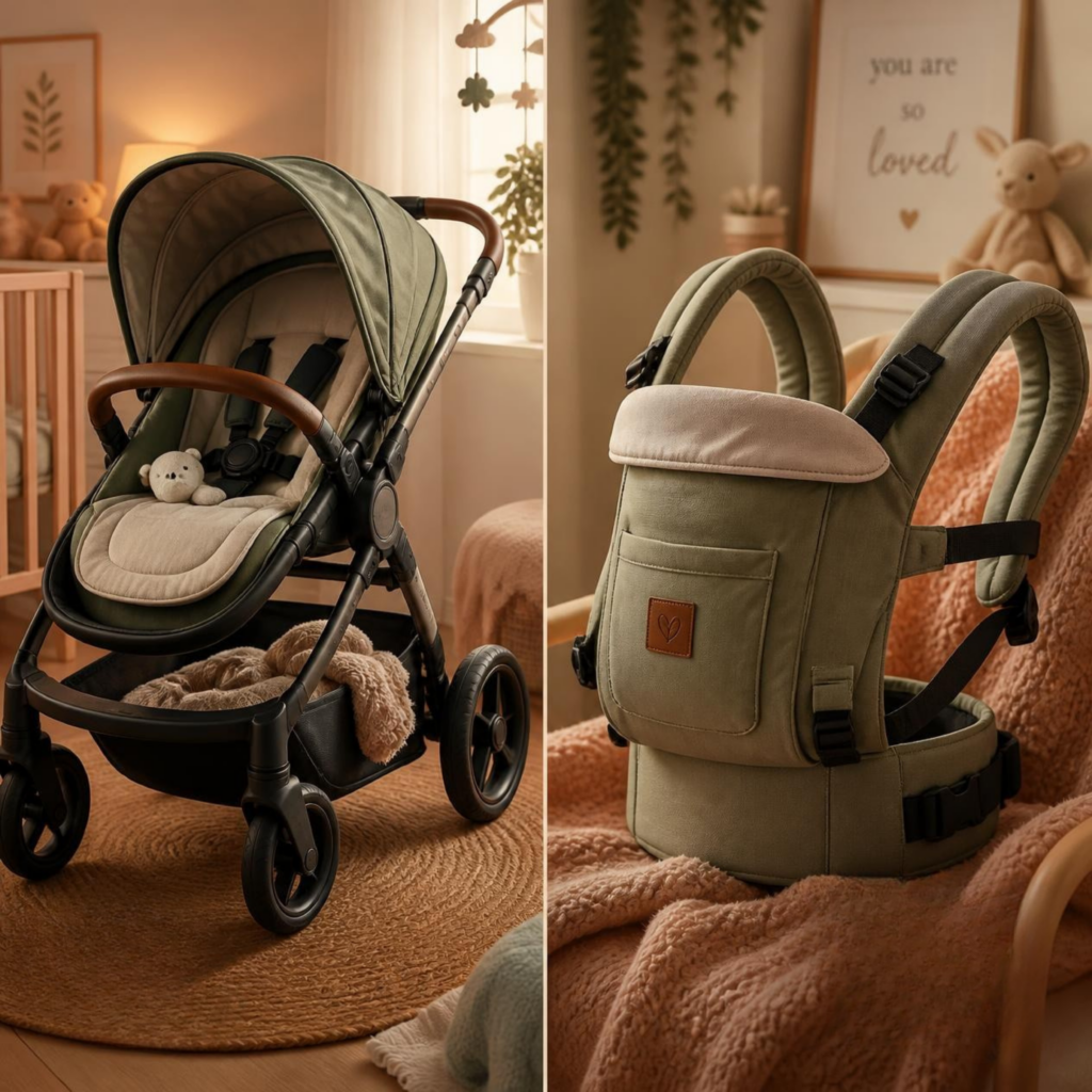 Passeggino leggero da viaggio e marsupio ergonomico in vacanza