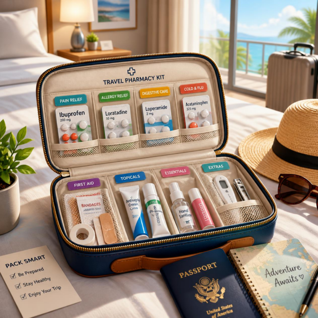 Kit farmacia da viaggio per bambini organizzato in pochette